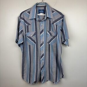 Wrangler Shirt Mens Large Blue Gray Western Pearl Snap Short Sleeve Striped